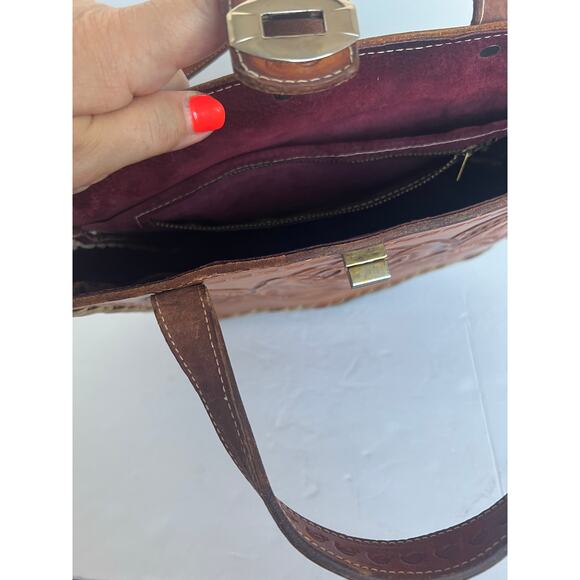 Brown Artisan Hand Tooled Rose Detail Brown Leather Tote Hand Bag Satchel Purse - Picture 8 of 10